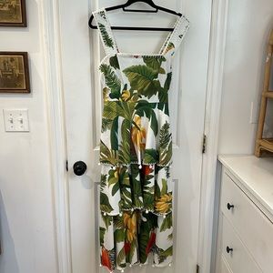 Farm Rio tiered midi banana leaf dress with crochet ball fringe large
